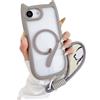Emlivi - Custodia magnetica per iPhone 16E, trasparente con cinturino, Kawaii 3D con orecchie di gatto, protezione in morbido silicone TPU con catena, custodia chiara per iPhone 16E, grigio