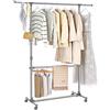 SONGMICS Appendiabiti Attaccapanni Porta Abiti a rotelle con ruote in acciaio altezza larghezza regolabile Stand Stender 2 Aste, tubo rivestito di acciaio inox LLR401