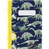 Miquelrius - Quaderno spillato A5 rigato, 48 fogli di carta extra opaca da 70 g/m², rilegatura spillata, copertina in cartoncino plastificato, risguardo stampato, spazio per il nome, Dinos