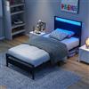 BORPHOM Telaio per Letto in Legno e Metallo Con Stazione di Ricarica e LED - 90 x 200 cm, Singolo Con Testiera e Rete a Doghe, Funzionale
