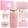 Navdrivl Regali per ragazze adolescenti 9 10 11 12 13 14 15 16 anni, regalo di compleanno ragazza tazza di vetro con cannuccia e coperchio, borsa cosmetica pennello da trucco braccialetto portachiavi