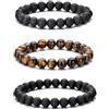 RANKEEF Bracciale Occhio di Tigre 8MM per Uomo e Donna - Set di Braccialetti Elasticizzati in Pietra Lavica e Naturale - Regolabile con Perline di Cristallo Nero - Idea Regalo