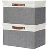 Temary Contenitori portaoggetti pieghevoli con coperchio, confezione da 2 cestini portaoggetti con coperchio, decorativi, per vestiti, giocattoli, organizer con manici (bianco e grigio, 38 x 28 x 24