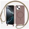 xinyunew Magnetica Cover con Cordino per iPhone 16,[Compatibile con MagSafe], Cover in Silicone, Regolabile Cordino da Collo Nylon Catena Collana Tracolla,marrone