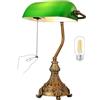 Newrays Lampada da scrivania vintage in vetro verde per ufficio domestico, biblioteca con interruttore a catena e presa di corrente, lampadina LED inclusa