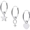 ENTREPLATA Set di orecchini in argento sterling 925 - Tre creoli con ciondolo - Cerchi da 12 mm - Gioielli da donna Cerchio argento con cuore stella e simbolo femminile