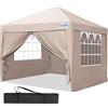 Quictent Gazebo Pieghevole 3x3m con Pareti Laterali Rimuovibili, Rifugio per Eventi ad Altezza Regolabile, Tenda Portatile per Feste in Giardino e Campeggio, Beige