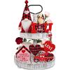 CRCZK 6 pz San Valentino a più livelli vassoio Decor Bundle, Buffalo Plaid San Valentino Gnomo Plush, Mini San Valentino segni di legno, Ghirlanda di perline rosa, Cuore di cotone a quadri rosso, Buon San