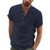 YAOBAOLE Camicia estiva da uomo in lino cotone Henley camicia casual manica corta abbottonata spiaggia camicie, Nero , L