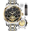 OLEVS Mens Automatic Watches Skeleton Mechanical Self Winding Luxury Dress Wrist Watch Moon Phase Day Date Waterproof Luminous Two Tone Watches Gifts