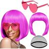 Plipdhy Bob Parrucche,Flat Frange Parrucche Donna,Parrucca Rosa con Occhiali da Sole a Forma di Cuore Senza Bordi,per Spettacolo Teatrale,Carnevale,Halloween,Festa