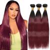 Jucames Extension Capelli Veri Umani Straight Human Hair Bundles Tessitura 100% Unprocessed Virgin Remy Brasiliano Double Weft Extensions Colore Ombre Black to Burgundy for Woman 28 30 32 Inch