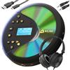 KLIM Discover con le Cuffie - Lettore CD HiFi portatile - Radio FM - Compatibile con MP3 CD Audiolibri - Lettore CD per auto - Supporta Bluetooth per Auto, scheda SD, Trasmettitore FM - Nero/Oro