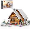 FUNWHOLE Natale Cabina Sciistica Set di Mattoncini da Costruzione con Illuminazione, 2187 Pezzi Collezione di Case di Neve con Luce LED Giocattoli Invernali per Adulti e Ragazzi