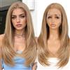 Allbell Parrucca Allbell 13x6 marrone chiaro con highlights, lace front per donne, lunga 22 pollici, diritta e a strati. Parrucca sintetica HD senza colla, ideale per uso quotidiano e feste
