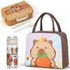 GVMJHYK Capybara Borsa Per Il Pranzo E Bambini Con Bottiglia d'acqua di paglia Capybara e Porta Pranzo,Set Da Pranzo Per La Scuola,Borsa Termica Lunch Bag Al Sacco Cartoni Animati (Capibara con occhiali)