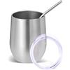 Volhoply - Bicchiere da vino in acciaio inossidabile da 350 ml con coperchio e cannuccia, bicchieri da vino senza stelo a doppio isolamento sottovuoto da 12 oz, tazza da caffè da viaggio per bevande