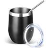 Volhoply Bicchiere da vino in acciaio inox da 350 ml, con coperchio e cannuccia, a doppia parete, isolamento sottovuoto, senza stelo, riutilizzabile, da viaggio, per bevande fredde, piccoli bicchieri