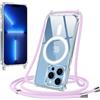 Jrkvniv Magnetica Trasparente Cover per iPhone 13 Pro Max con Cordino, Compatibile con Magsafe, Ultra Sottile Silicone TPU Antiurto Custodia con Collana Laccio rimovibile per iPhone 13 Pro Max, Viola