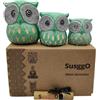 SusggO - Set di 3 gufi in legno, decorazione, intagliati a mano, gufo portafortuna, idea artistica, decorazione per mobili (verde)