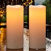 Eldnacele Candele a LED a energia solare, per esterni, impermeabili, a batteria, effetto fiamma, luce tremolante, interruttore crepuscolare auto, set da 2 pezzi (diametro 10 x 25 cm, crema)