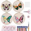 VINTAGE EMBROIDERY V.E. Kit da ricamo per principianti, 4 set di kit per ricamo a farfalla con motivi e istruzioni, kit per punto croce, vestiti da ricamo con motivo, cerchi in bambù, fili e aghi