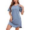 WUWUSKY Camicia da Notte Donna a Maniche Corte 95% Cotone Morbido Lunghezza Lunga Loungewear a Righe con 2 Tasche, Light Blue/White, 3XL