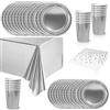 COSORO 65 Pezzi Set Stoviglie per Feste Argento Foil,Piatti Tazze Asciugamani di Carta Tovaglia Plastica Stoviglie Monouso Biodegradabili,Decorazione Desktop per Feste di Compleanno,Picnic,Baby Shower