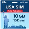 TSIM Scheda SIM USA 15 giorni 10 GB | Rete 5G multi-operatore ad alta copertura | Attivazione automatica | Piano ricaricabile | Hotspot consentito | Solo dati