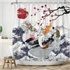 SDOTPMT 120x180cm Grande Onda Tenda Doccia Oceano Fuji Montagna Rosso Sole Vela Pesce Gambero Fiori di Ciliegio Asiatico Giapponese Tradizionale Ukiyo-e Art Tende da bagno con ganci