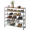 YAMAZAKI 1466 TOWER Scarpiera a 5 ripiani con piano in legno e ruote, nero, Acciaio/Legno/Nylon, minimalista, 90.5x26x87 cm