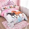 Loussiesd Set di biancheria da letto per bambini Chic Cherry Blossom Biancheria da letto Trapunta galoppo cavallo stampato trapunta 3D animale selvaggio set Trapunta camera da letto