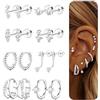 Dochais 8 Paia Orecchini Flat Back Donna, Acciaio Chirurgico Ipoallergenico, Set Orecchini a Bottone e a Cerchio Argento Oro per Cartilagine Daith Tragus Helix Piercing Gioielli