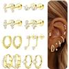 Dochais 8 Paia Orecchini Flat Back Donna, Acciaio Chirurgico Ipoallergenico, Set Orecchini a Bottone e a Cerchio Argento Oro per Cartilagine Daith Tragus Helix Piercing Gioielli