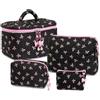 Mulaibdin 4 Pezzi Beauty Case da Viaggio, Trousse Trucchi Donna, Pochette Trucchi Ragazza, Fiocco Makeup Bag Organizer in Cotone, Carino e Portatile Borse da Toilette per Regalo (Rosa + Nero)