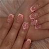 Nymora Unghie finte - 24 pezzi, Design francese con fiori e perle in rilievo, Unghie press-on corte quadrate, Con adesivi in gel e strumenti, Set manicure elegante fai da te.