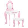ZONEKIZ Set Tavolo Trucco con Sgabello, Specchio e Cassetto in MDF per Bimbi 3-6 Anni, Bianco e Rosa