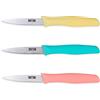 Quttin Set di coltelli da cucina, 3 pezzi in acciaio inox, coltelli da cucina multicolor per sbucciare frutta e verdura, impugnatura ergonomica in polipropilene, gamma Samba. Giallo, blu e rosa