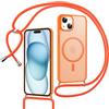 Doxxvai Cover con Cordino per iPhone 15, Custodia Magnetica per MagSafe, Antiurto & Protezione Fotocamera, Retro Opaco Semi-Trasparente, Tracolla Regolabile e Rimovibile, Arancione