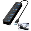 QarulG Hub USB 3.0 a 7 porte Hub Multi-Porte USB con Interruttori Individuali e Luci Adattatore Splitter Multiporta Ad Alta Velocità per PC Laptop