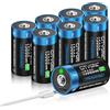 CITYORK Batteria USB D da 15000 mWh da 1,5 V, ricaricabile con cavo di ricarica USB-C (8 pezzi), batteria USB D ricaricabile agli ioni di litio, batterie Mono D LR20, oltre 1000 cicli e riciclabile,