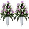 SIFOEL 2 pezzi cimitero commemorativo artificiale fiori rosa bouquet con vaso per cimitero lapidi decorazione (rosa e bianco)