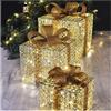 EMOS Regali di Natale a LED dorati con nastro largo e fiocco decorativo, 3 pezzi, decorazione natalizia, bianco caldo, cavo da 3 m, IP20 per interni