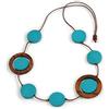 Avalaya Collana in cordoncino di cotone con perline di legno turchese/marrone, lunghezza 88 cm, regolabile, Legno cavi legno