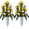 SIFOEL 2 pezzi cimitero commemorativo artificiale fiori rosa bouquet con vaso per lapidi cimitero decorazione (giallo e bianco)