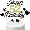 Conruich Decorazione per Torta di Compleanno 52 anni Uomo Donna, Cake Topper Happy 52th Birthday Oro Nero, Torta Torta Stella Cuore Nero per Decorazione Festa 52 anni Compleanno Donna Uomo