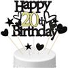 Conruich Decorazione per Torta di Compleanno 20 anni Uomo Donna, Cake Topper Happy 20th Birthday Oro Nero, Torta Torta Stella Cuore Nero per Decorazione Festa 20 anni Compleanno Donna Uomo