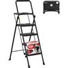 HBTower Scala 4 Gradini Pieghevole, Gradini Antiscivolo Larghi con Vassoio Portattrezzi, Portata Massima 150 kg, Ideale per Cucina, Garage e Fai da Te
