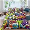 Loussiesd Hip-Hop Set di da letto per ragazzi e bambini,graffiti,hippie,cultura stradale,tema divertente,per camera da letto,con lacci con cerniera,in microfibra,1 copripiumino con 1 federa per letto singolo