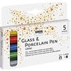 Kreul 16530 - Penna in vetro e porcellana glitterata, 5 penne in giallo sole, rosso, blu, verde e antracite, larghezza del tratto circa 1-3 mm, colore semitrasparente con effetto glitterato